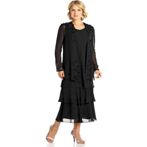 Exquisite Chiffon Black Tea Length Sleeveless Mother of the Bride Dresses With Coat Wedding Party Gowns Tier Skirt 2020 Latest