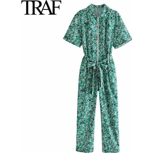 Traf Za Women Fashion Vintage Zip Side Pockets Floral Jumpsuits Bow Bandage Casual Long Pants Mujer