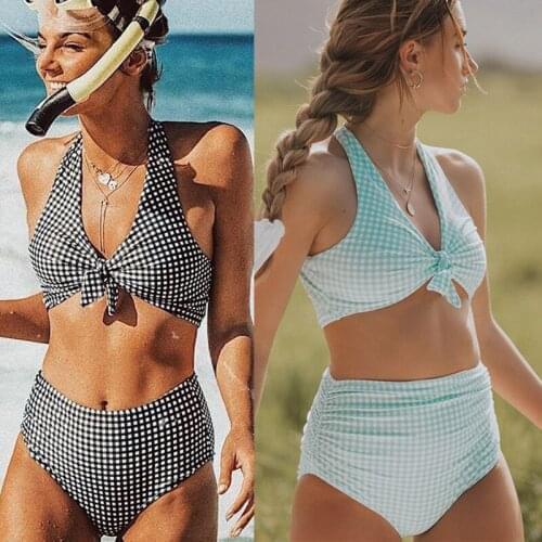 High Waist Cross Back Swimwear Plaid Printing Bathing Suit Vintage Beachwear Bowknot Biquini Swimsuit Women 2 Pieces Beach Pool