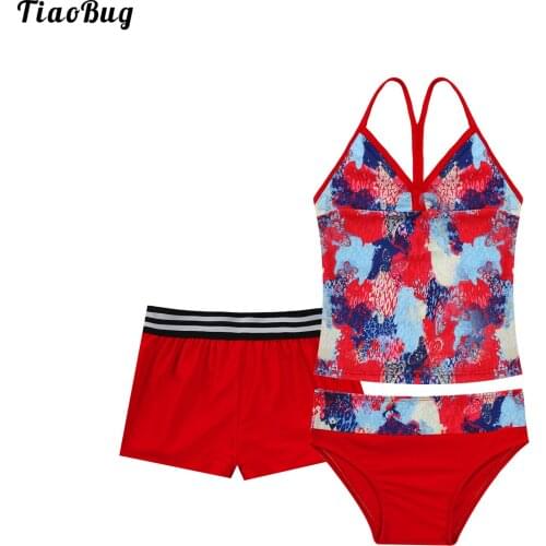 TiaoBug 4 To 16 Years Summer 3Pcs Kids Girls Print Swimwear V Neck Spaghetti Straps Vest Top And Bottoms Boyshorts Briefs Bikini