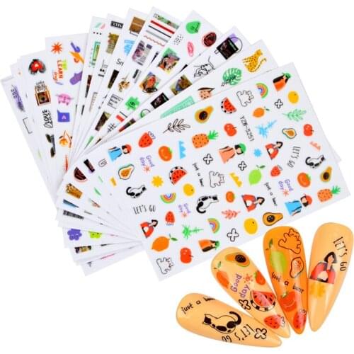 2021 New 3D Cute Cartoon Sticker Adhesive Anime Diamond Fruit Abstract Face Flower Nail Transfer Sticker Decal Nail Art Decora