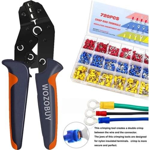 WOZOBUY SN-02C Ratcheting Wire Crimping Tool 0.25-2.5mm² Adjustable Crimping Plier with Cable Lugs Assortment Kit Wire Crimp Set