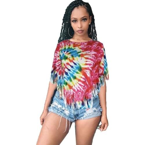 Tie Dye Print Summer Casual T Shirt Women Tops O-neck Batwing Sleeve Rock Punk Fringed Irregular Ladies Loose Tassel Tees Shirt