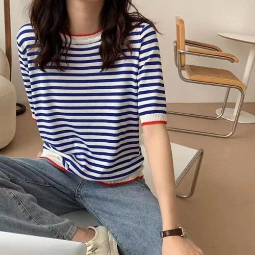 Women Summer Tshirts 2021 Fashion Sailors Striped Shirt Short Sleeve Casual O-Neck Tees Mujer Ice Silk Knitted Thin Tops