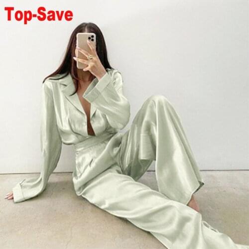 2021 Spring Summer Street Long Sleeve Loose Shirt Trousers Satin Suit Temperament Casual Fashion Two Piece Set Womens Clothing