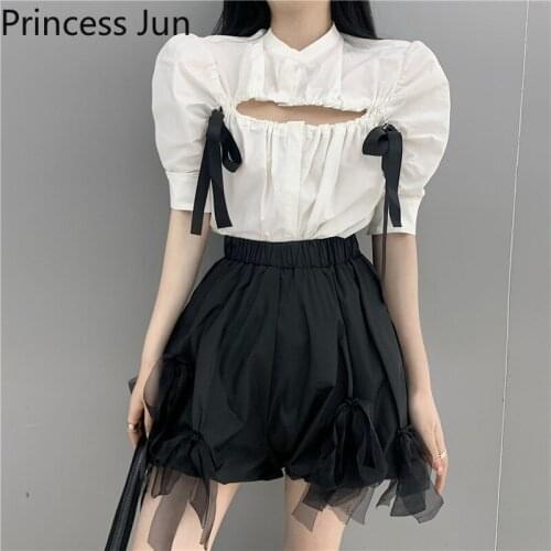 New Summer Women 2 Piece Sets Short Puff Sleeve Sexy Hollow Out Bow White Shirt+High Waist Mesh Black Shorts 2pc Outfits Suits