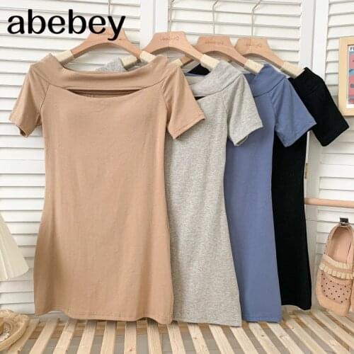 2021 New Summer Sexy versatile off shoulder slash neck short sleeve Dress hollow out design slim short Dress