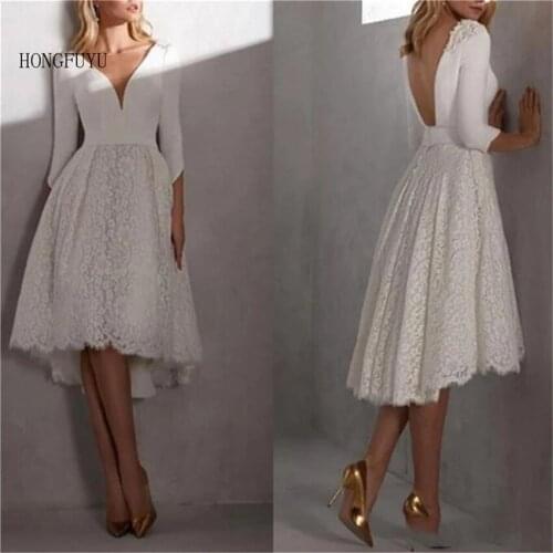 Lace Short Wedding Dress with Long Sleeves Sheer Neck Bridal Gown Princess Vestido de Novia