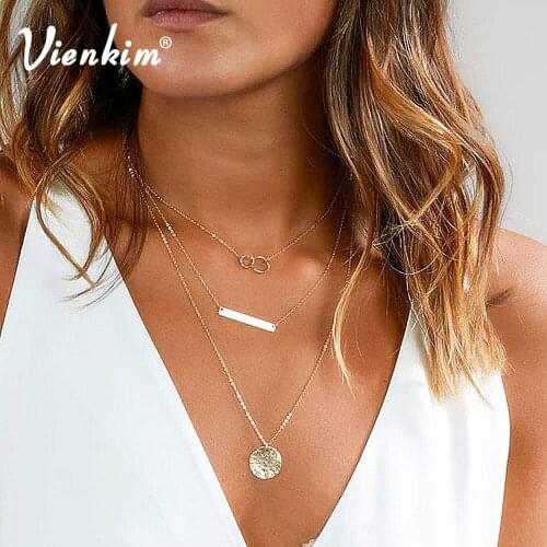 Vienkim Fashion Gold Color Layered Choker Necklace For Women Charm Long Square Multilayer Necklace Coin Pendant Jewelry Gift2019