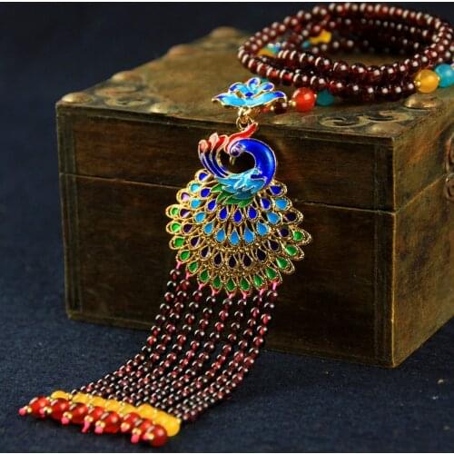 Natural red chalcedony Garnet necklace for women lucky stone jade pendant necklace Peacock Flower Necklace Cloisonne Craft
