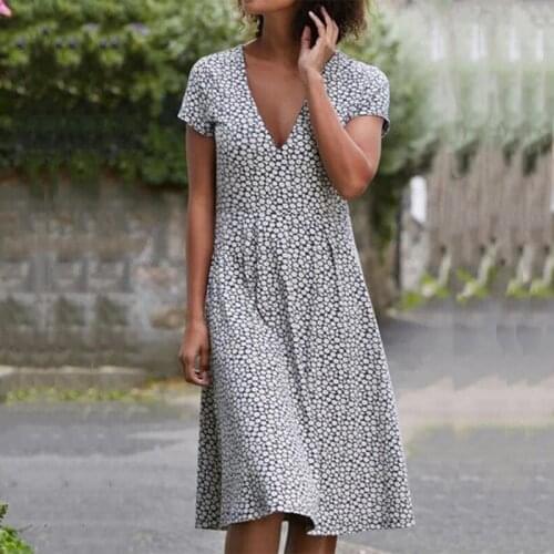 Summer Elegant Polka Dot Printed Midi Dress Women Loose Casual V-Neck Short Sleeve Party Dresses Ladies Fashion Dress Vestidos