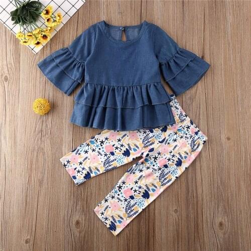 2020 2Pcs Toddler Baby Girl Outfits Clothes Blue Ruffle Dress Tops+Floral Print Pants Party Princess Casual Long Sleeve Clothes