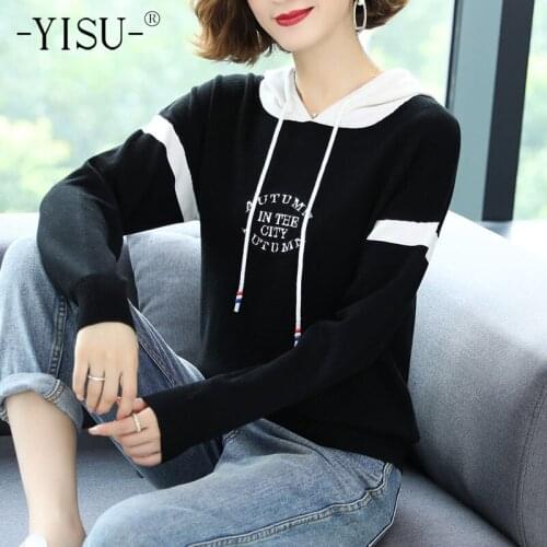 YISU Spring Women Sweater Hooded collar Solid color Knitted pullove Long sleeve Fashion All-match Female Casual Loose Jumper