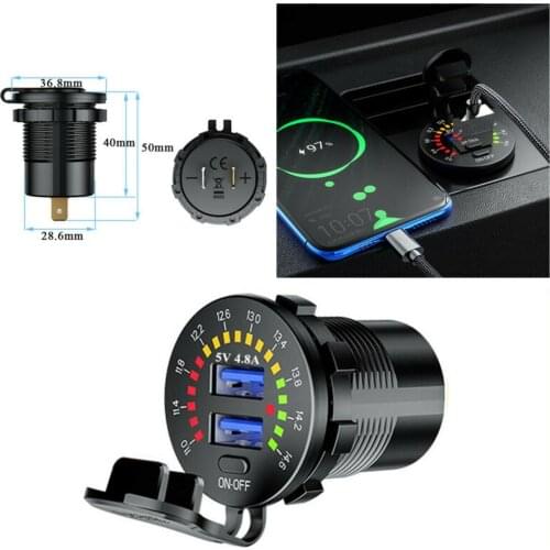 4.8A Dual USB Car Charger Socket Fast Charging with LED Voltmeter DC 12V - 24V