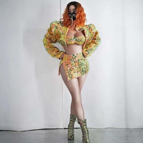 Glitter Mirrors team Costumes performance Women Sexy Bra Jacket Skirt Party Nightclub Hip Hop DJ Jazz Singer Stage Outfits Sets