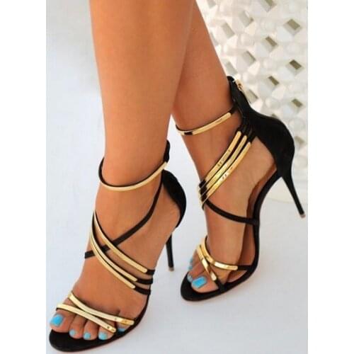 Newest Name Brand Black Gold Strap High Heel Sandals Back Zipper Cage shoes woman Women Size 34-41 Gladiator Sandals Boots