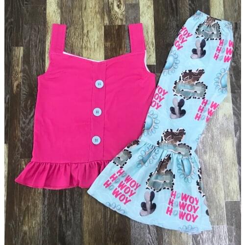 Childrens boutique Summer cute pop western sling with lace cactus bell bottom set
