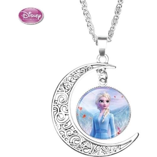 Disney The Long Chain Jewelry Necklace Crystal Cabochon Princess Elsa Anna Snow Queen Pendant Necklace For Girls Gifts Kid Toys