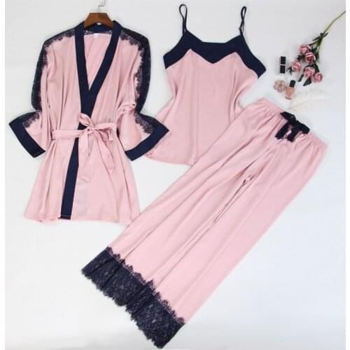 Fdfklak Silk Womens Home Suit Pijama Sexy Pajamas 2020 Spring New Home Clothes For Women Underwear 3 Pieces Sleepwear Sets