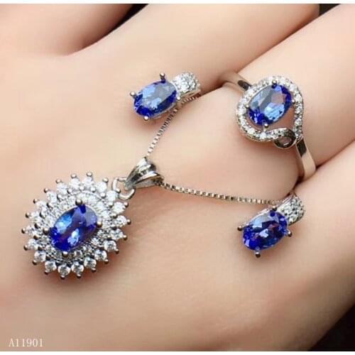 KJJEAXCMY exquisite jewelry 925 Silver-inlaid Natural Tanzanite Female Pendant Ring, Necklace, Earring and Ear Nail Set Support