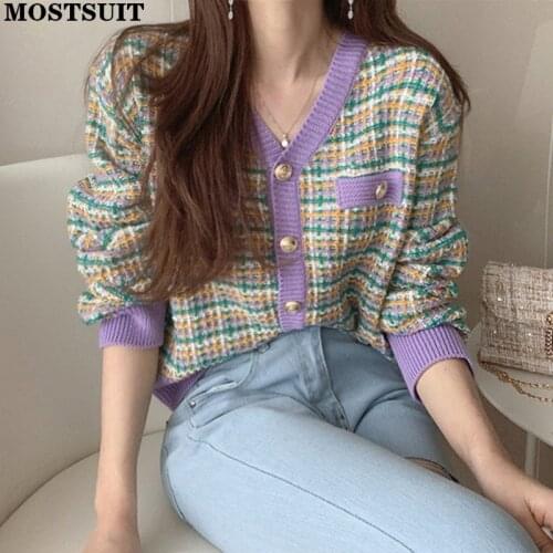Vintage Elegant Plaid Knitted Cardigan Women Full Sleeve V-neck Single Breasted Sweater Jumpers Korean Fashion Female Tops 2021