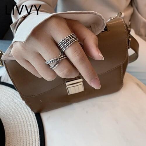 LIVVY Thai Silver Color Chain Cross Handmade Ring Female Unique Design Opening Fashion Trend Simple Temperament Jewelry Gift