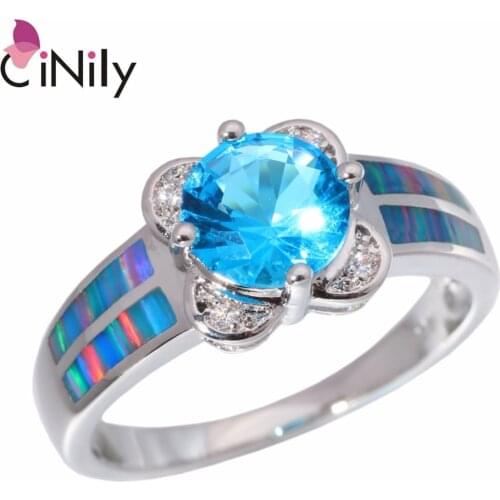 CiNily Created Rainbow Fire Opal Blue Stone Cubic Zirconia Silver Plated Wholesale For Women Jewelry Ring Size 6-9 OJ9252
