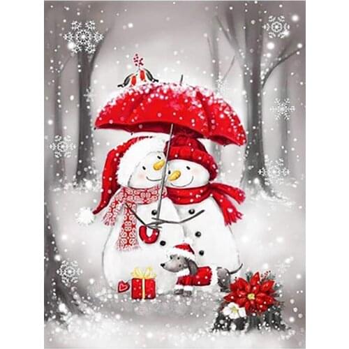 Red Umbrella Snowman Couple Diamond Painting Round Full Drill DIY Mosaic Embroidery 5D Cross Stitch Cartoon Christmas Picture