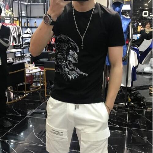 Fashion Hot Drilling Summer Top Mens Rhinestones T Shirts Casual Black and white Cotton Short Sleeve Slim Tee Shirt