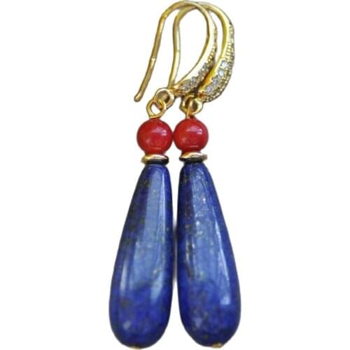 MTC·STAR Z10226 30mm Natural Drop blue lapis lazuli Red Coral Dangle Earring CZ