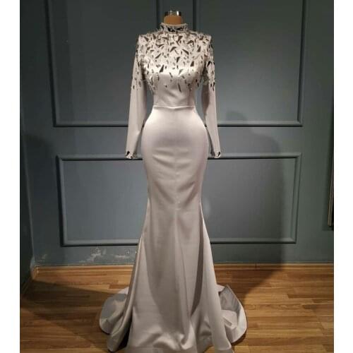 Muslim Beaded Mermaid Prom Dresses High Neck Long Sleeve Dubai Glitter Robe De Soiree Arabic Evening Dress 2021 Women Party Gown