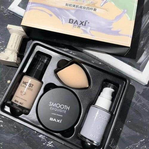 Makeup Set Face Liquid Base Foundation Makeup Primer Face Concealer With Cosmetic Puff Full Coverage Brighten Skin Loose Powder