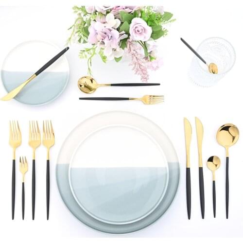 JANKNG 24Pcs Stainless Steel Dinnerware Set Black Gold Cutlery Spoon Fork Knife Western Flatware Set Silverware Tableware Set