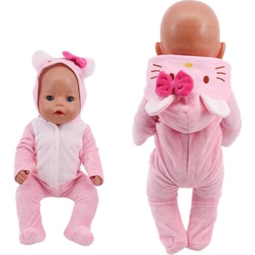 Animal Cute Pink Cat One-piece Pajamas For 18 Inch American Doll Girl Toy 17inch 43cm Born Baby Clothes Accessories
