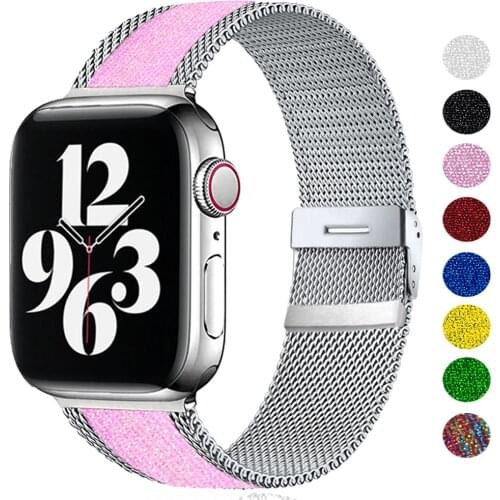 Shiny Strap For Apple watch band 40mm 44mm 38mm 42mm 40 44 mm Soft Elastic Nylon+Milanese bracelet iWatch serie 3 4 5 6 se band