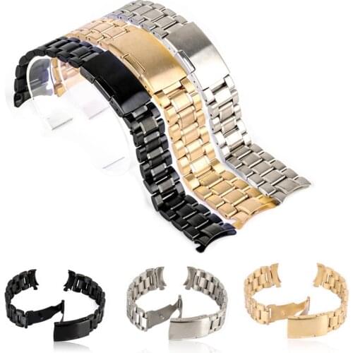 18/20/22/24mm Curved End Watch Band Unisex Stainless Steel Metal Wristwatch Strap Double Fold Deployment Clasp Bracelet 3 Colors
