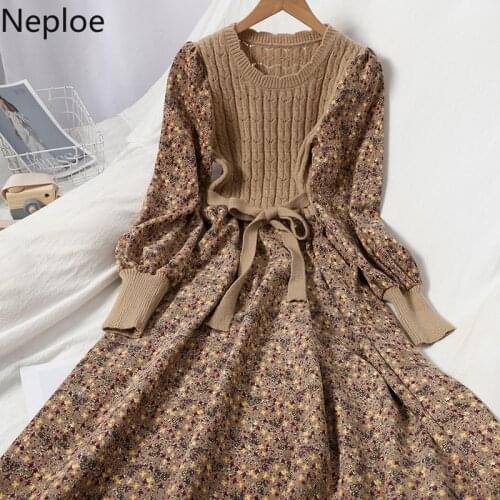 Neploe Vintage Elegant Maxi Dresses for Women Patchwork Knitted Vestidos Slim Bandage Robe Fashion Floral Corduroy Dress 4F423
