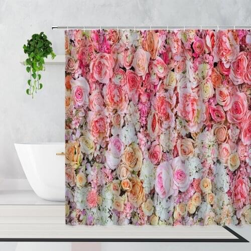 Pink Rose Shower Curtain Plant Flower Holiday Decoration Background Cloth Waterproof Bath Curtains Set With Hooks Bathtub Screen