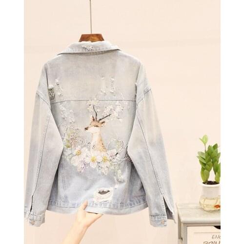 Harajuku Denim Jean Jacket for Women Streetwear New Heavy Beaded Printing Deer Ripped Denim Jackets Women Loose Jacket Coat