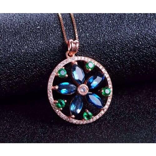 Natural blue topaz pendant S925 silver Natural gemstone Pendant Necklace trendy Large elegant round women party jewelry