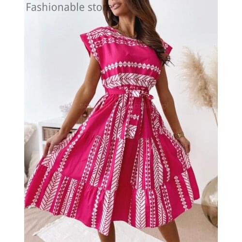 Women Print Ruffle Short Sleeve Tie Front Midi Dress