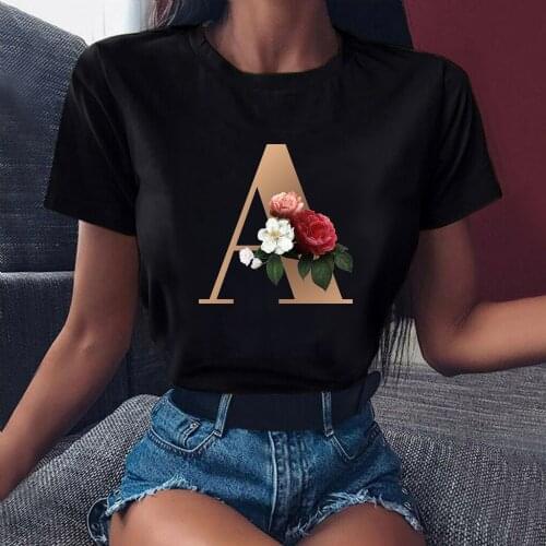 ZOGANKIN 26 Letter Flower Women T-shirts Harajuku Kawaii Graphic Printed Black T Shirt Fashion O-Neck Female Clothes Girls Tops