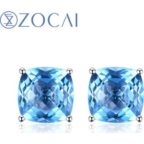 ZOCAI 100% Natural 5.0 CT Blue Topaz Stud Earrings 18K White Gold Au750 E00612