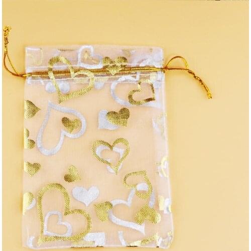 7x9cm (2.7"x3.5") White Organza Bag Heart Design Wedding Jewelry Packaging Bag Cute Organza Pouches Drawstring Gift Bags 100pcs