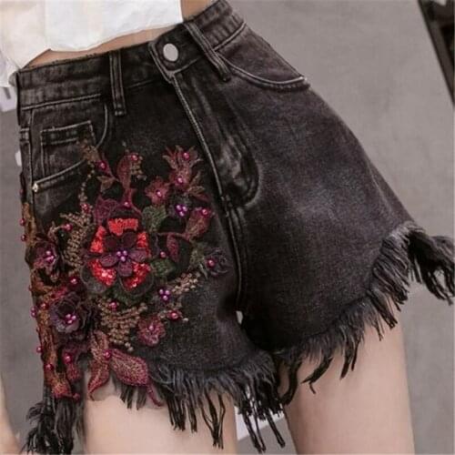 Promotion 2020 New Summer Black Denim Shorts Female Fashion Elegance Thin Sequins Three-dimensional Flower Casual Women Shorts