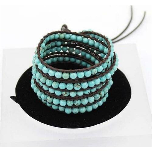Unique Pearls Jewellery Store New Fine Women Jewelry Genuine Black Leather WIth Gem Stone Blue Turquoise Beads Wrap Bracelet
