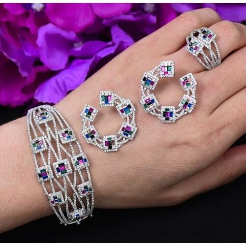 GODK 2PCS Bracelets/Ring Luxury Cubic Zirconia Open Bangle Resizable Rings Trendy Girls Women Patry Wedding Jewelry Sets