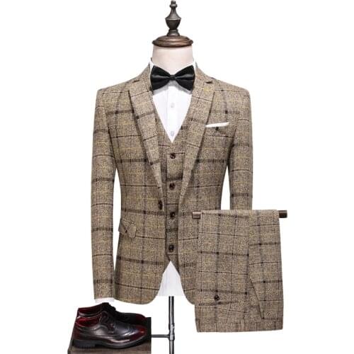 Jackets+Vest+Pants) Autumn Korean Slim Check British Business Suit Men Three Piece Wedding Bridegroom Best Man Dress S-4XL