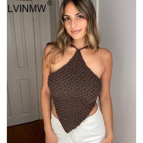 LVINMW Sexy Slim Halter Lace Up Backless Sleeveless Tank Tops Women Solid Designed Fashion Stretch Irregular Crop Top Club Party