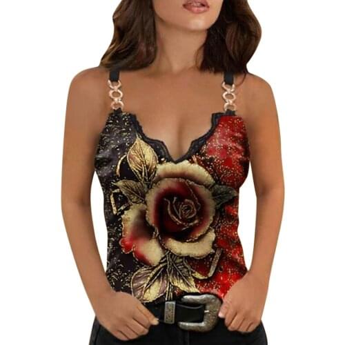 Tank Top Women Summer Fashion Sexy Lace Sleeveless V-neck Rose Flower Print Camisole Casual Streetwear Vest Ladies débardeurs